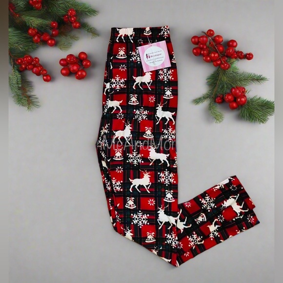 NEW Girls Christmas Red Plaid Snowflake Leggings, Holiday Pants - Picture 1 of 5